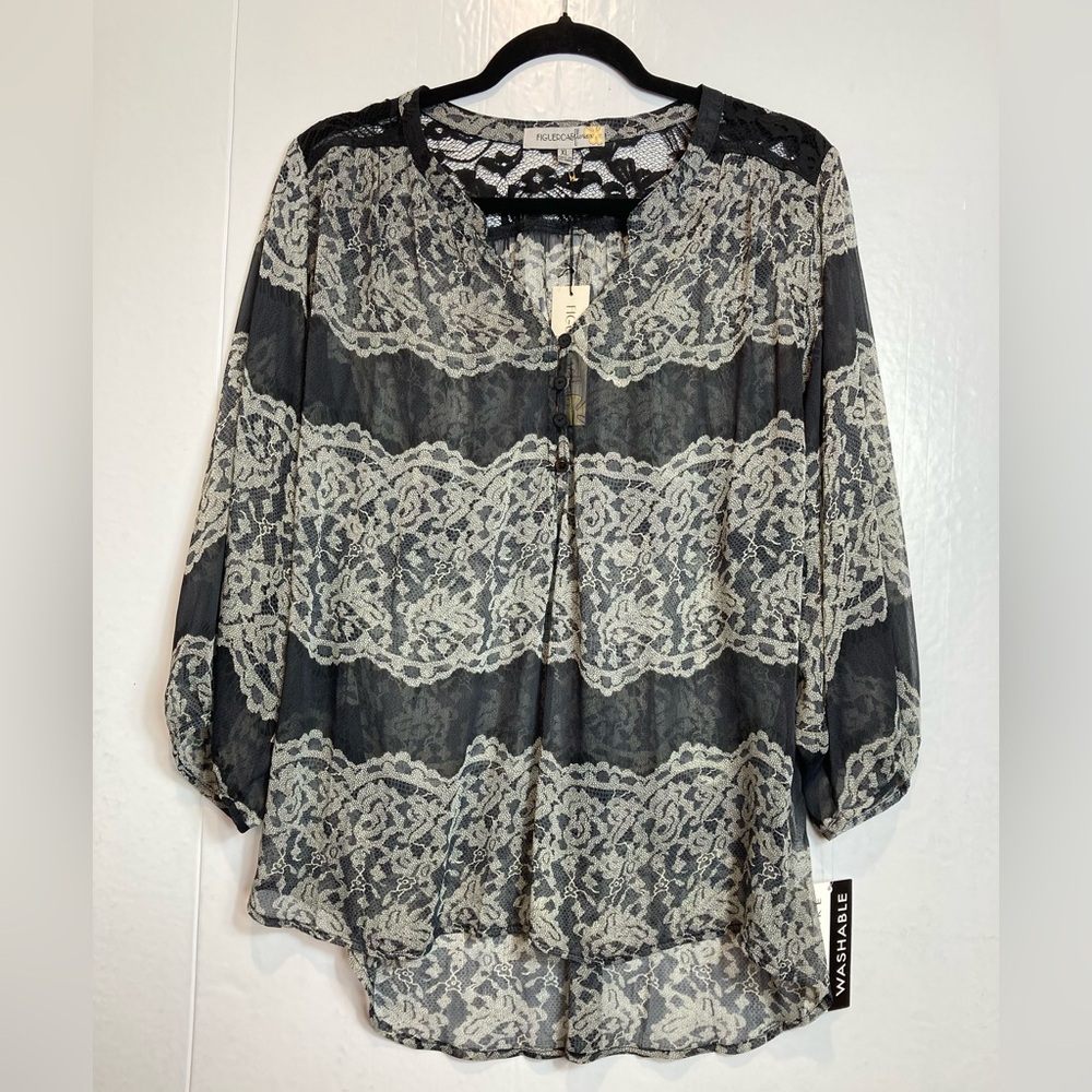 Figueroa & Flower Chiffon Blouse Tunic Top Black Abstract Sheer Lace Trim XL
